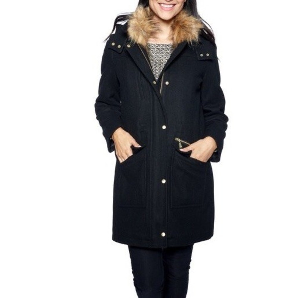 Cole Haan Signature Wool Blend Coat Faux Fur Trim Hood Black Parka Women's 8